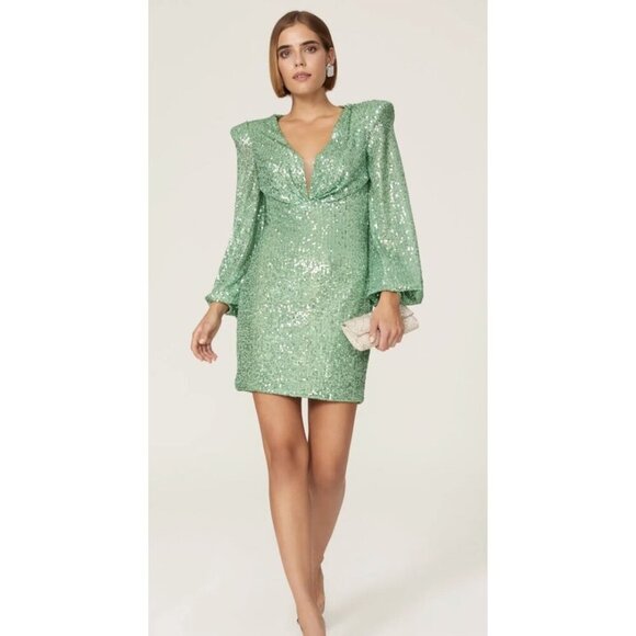 Mac Duggal Ieena Green Sequin Mini Dress Blouson Sleeve Party Cocktail Size 6 - Picture 1 of 13